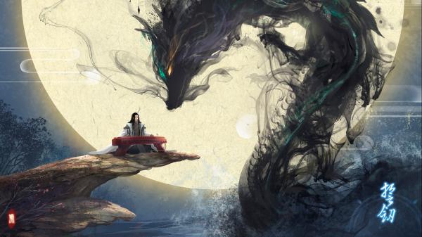 Free fantasy dragon is sitting near a moon beside a man hd dreamy wallpaper download