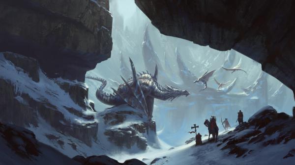 Free fantasy dragon is sitting on snow covered mountain hd dreamy wallpaper download