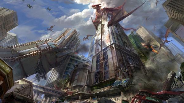 Free fantasy dragon is sitting on top of building hd dreamy wallpaper download