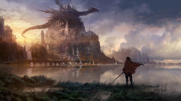 Free fantasy dragon is sitting on top of castle near body of water 4k hd dreamy wallpaper download