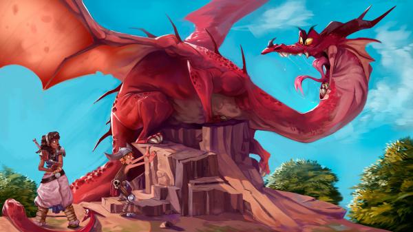 Free fantasy dragon is sitting on tree trunk near girl and boy hd dreamy wallpaper download