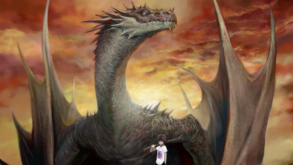 Free fantasy dragon is standing near a boy in a background of reddish yellow sky hd dreamy wallpaper download