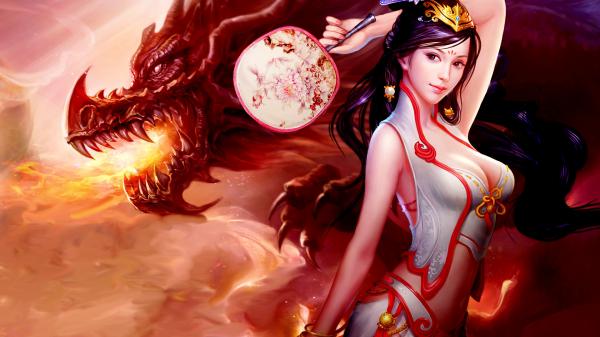 Free fantasy dragon near a beautiful woman hd dreamy wallpaper download