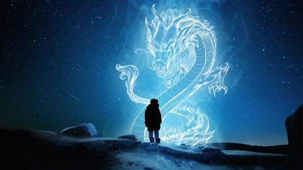 Free fantasy dragon with a boy in a sky star background hd dreamy wallpaper download