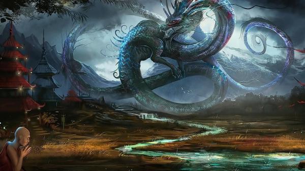 Free fantasy dragon worshiped by a man hd dreamy wallpaper download