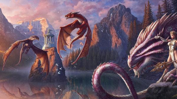 Free fantasy dragons are flying above on water around mountain hd dreamy wallpaper download