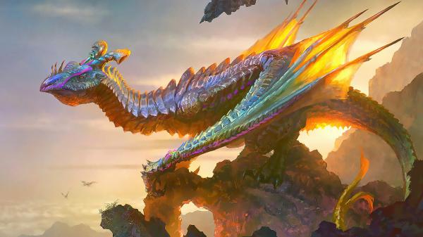 Free fantasy fiery dragon is standing on top of rock hd dreamy wallpaper download