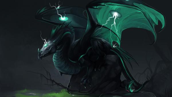 Free fantasy green and black dragon is sitting on a greenfield 4k hd dreamy wallpaper download