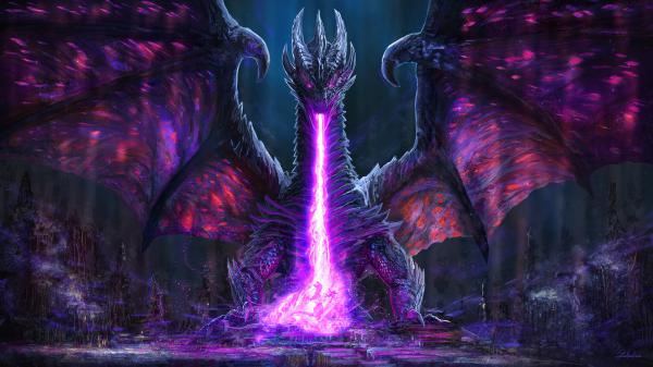 Free fantasy pink and blue dragon is breathing a fire hd dreamy wallpaper download