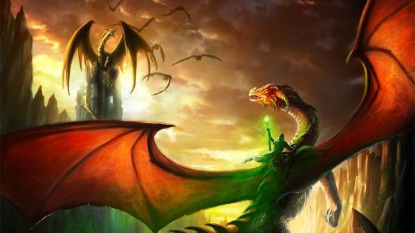 Free fantasy red and green dragon is flying above hd dreamy wallpaper download