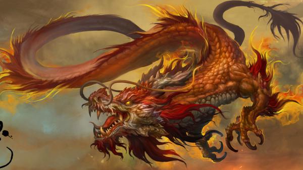 Free fantasy red and yellow dragon is flying near sky hd dreamy wallpaper download