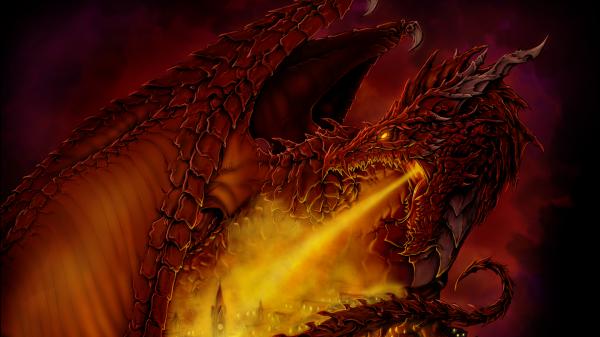 Free fantasy red dragon is breathing fire on castle 4k hd dreamy wallpaper download