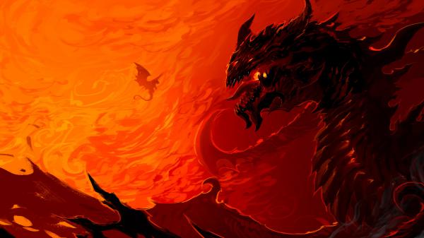 Free fantasy red dragon is standing near fire 4k 5k hd dreamy wallpaper download