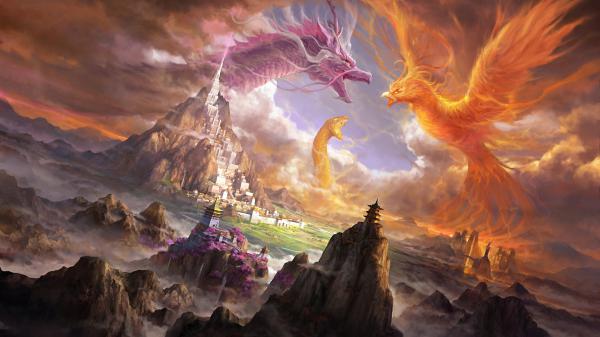 Free fantasy two dragons are fighting with a big fiery bird hd dreamy wallpaper download