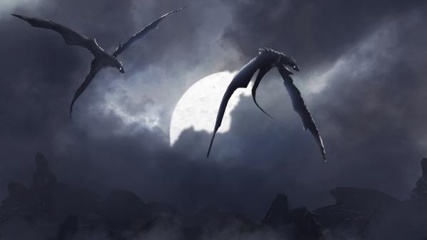 Free fantasy two dragons are flying high on sky near moon 4k 5k hd dreamy wallpaper download