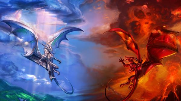 Free fantasy white and red dragons are fighting hd dreamy wallpaper download