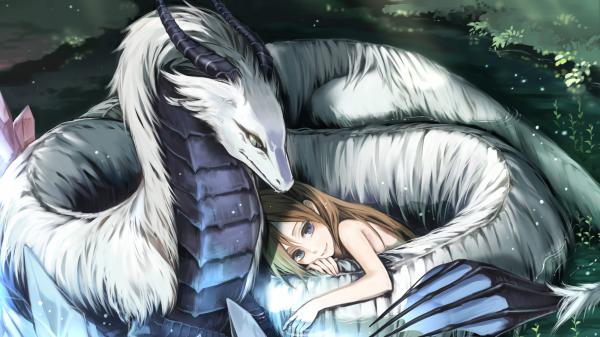 Free fantasy white dragon is cuddling with a girl hd dreamy wallpaper download