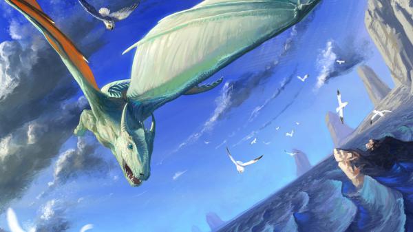 Free fantasy white dragon is flying above on body of water 4k hd dreamy wallpaper download