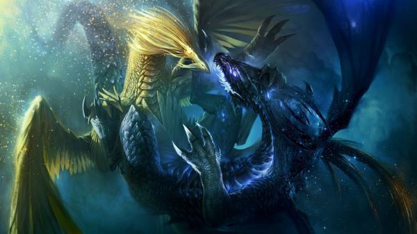 Free fantasy yellow and blue dragons are fighting hd dreamy wallpaper download