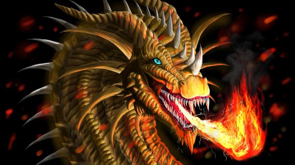 Free fantasy yellow dragon is breathing fire 4k hd dreamy wallpaper download