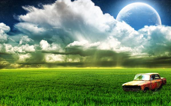 Free farm old car moon clouds wallpaper download