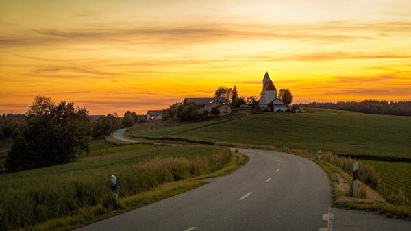 Free field germany hill house with road during sunset 4k hd travel wallpaper download