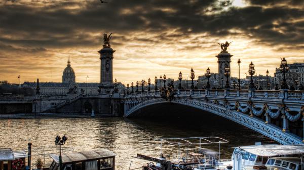 Free france paris bridge of alexander with background of dark clouds hd travel wallpaper download