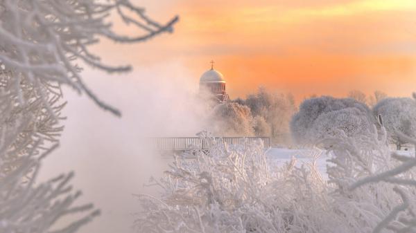 Free frost snow fog covered church with fence hd travel wallpaper download