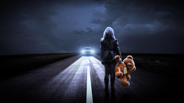 Free girl teddy bear night road 4k wallpaper download