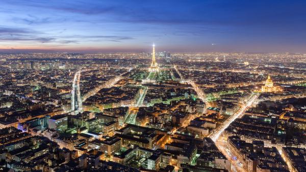 Free glittering lights paris city and eiffel tower with blue sky background 4k 5k hd travel wallpaper download