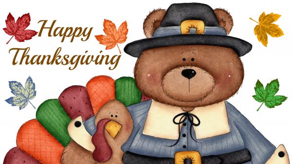 Free happy thanksgiving word with leaves bear turkey hd thanksgiving wallpaper download