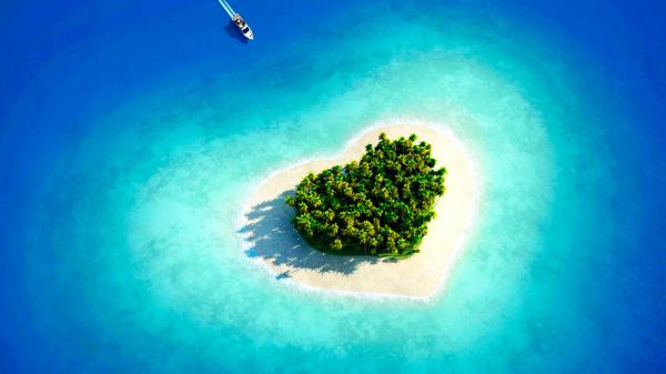 free heart shaped island in between ocean with boat on body of water hd beach wallpaper download