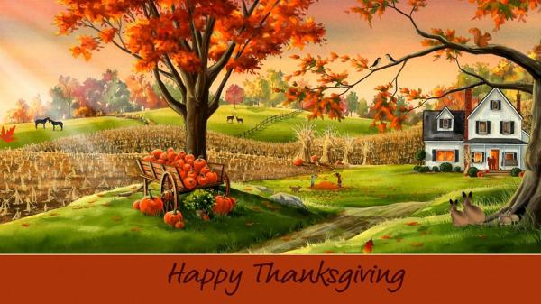 Free house with field space and cart with pumpkins hd thanksgiving wallpaper download