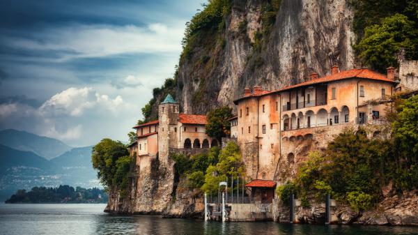 Free italy lake maggiore lombardy monastery rock hd travel wallpaper download