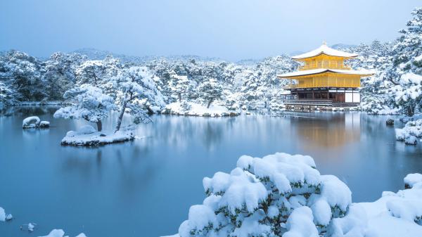 Free japan kinkaku ji kyoto temple in lake with snow during winter hd travel wallpaper download