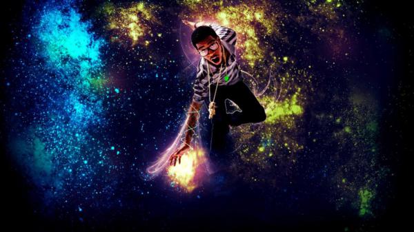 Free kid cudi in colorful space background wearing black white striped t shirt hd kid cudi wallpaper download