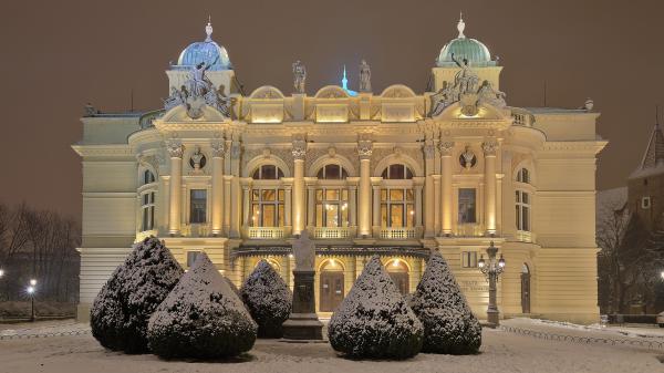 Free krakow poland theater with lights during winter hd travel wallpaper download