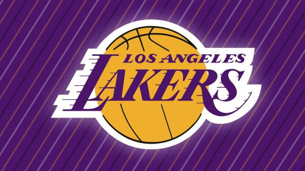 Free lakers logo in yellow and white striped purple background basketball hd sports wallpaper download