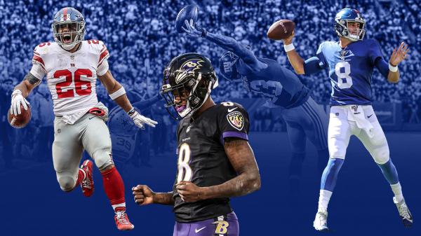 Free lamar jackson with daniel jones and saquon barkley in blue background wearing black and purple sports dress and helmet hd sports wallpaper download