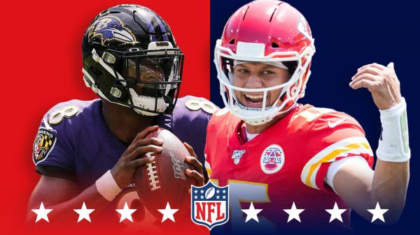 Free lamar jackson with patrick mahomes in blue and red background wearing purple dress and helmet hd sports wallpaper download