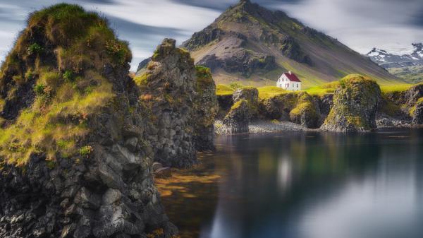 Free landscape of house and mountain and rock in river with reflection hd travel wallpaper download