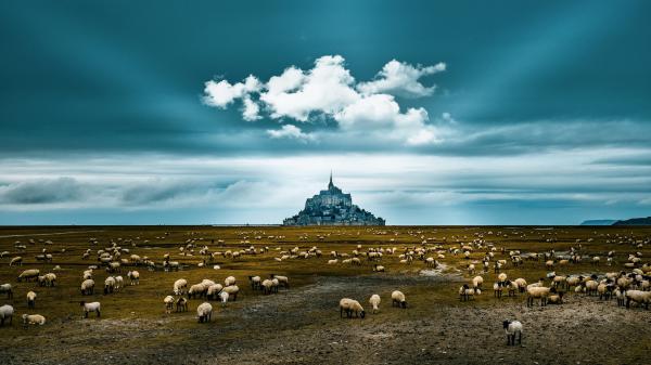 Free landscape of mont saint michel under cloudy sky in france hd travel wallpaper download