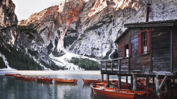 Free landscape of snow covered mountain alps boat dolomites lake hd travel wallpaper download