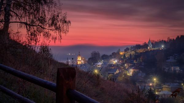 Free landscape view of city building with light under red white sky hd travel wallpaper download