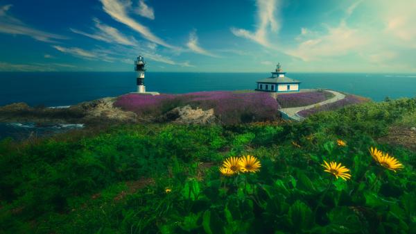 Free landscape view of lighthouse under white blue cloudy sky in spain hd travel wallpaper download