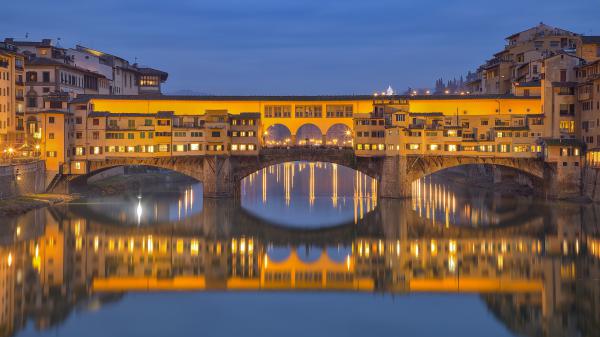 Free lighting florence bridge with reflection on river in italy hd travel wallpaper download