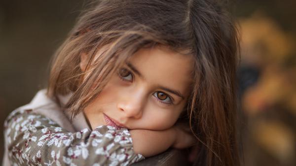 Free little cute brown eyes girl is leaning on wooden in blur background hd cute wallpaper download