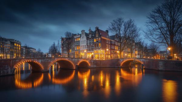 Free man made amsterdam cities netherlands night water reflection urban hd travel wallpaper download