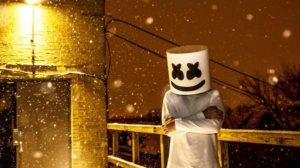 Free marshmello is standing outside wearing white dress in lighting background hd marshmello wallpaper download