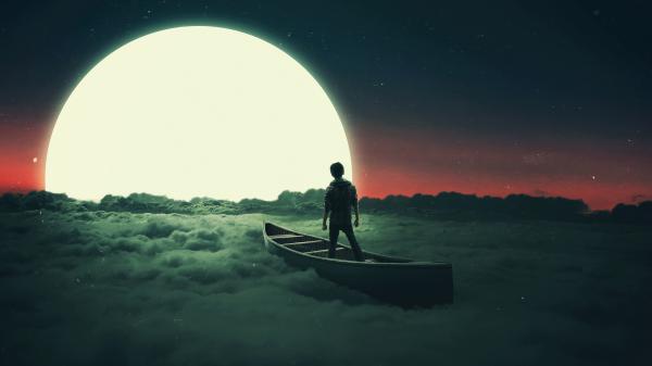 Free moon dream in flying boat 4k wallpaper download